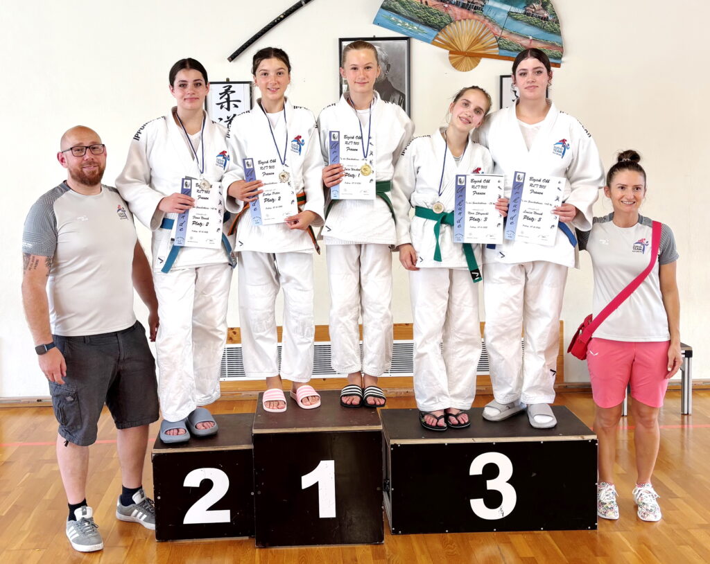 Erfolgreiche KSV-Judoka in Palling - von links Coach Tom Nowak, Fiona Nowak, Evelyn Petter, Luise Wachtel, Nora Skryncki, Luisa Nowak und Trainerin Anamaria Budiu